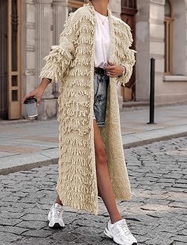 CXINS Womens Crochet Cable Knit Fringe Tassel Maxi Cardigans